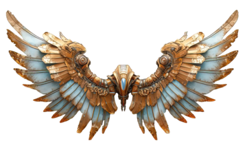 white gold mechanical robot wings isolated on transparent background, generative ai