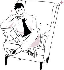 Sad man sitting on chair and thinking. Young relaxed boy at creative work set. Serious cartoon male character resting. Artist, author, blogger. Flat graphic vector illustration isolated