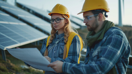 two Engineers standing in a field at a wind farm, the silhouette of a person in a field at sunset, Concept of sustainability development by alternative energy