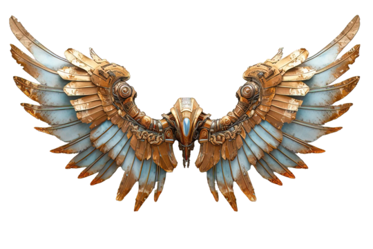 white gold mechanical robot wings isolated on transparent background, generative ai