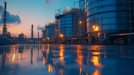 Obraz premium oil refinery plant at night,H2 storage tanks, Hydrogen renewable energy production, hydrogen gas for clean electricity 