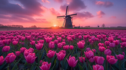 windmill at sunset with a tulip field din the Netherlands - obrazy, fototapety, plakaty