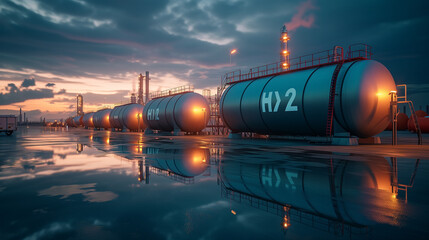 oil tanks at night, H2 storage tanks new energy, clean energy