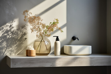 Bathroom essentials displayed on a marble surface, featuring a white dispenser, amber glass bottle, folded towels, and dried flowers in a ceramic vase. Concept for interior design or wellness spa.
