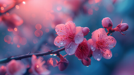 close up of pink flower,close up of pink flower cherry blossom tree with warm soft sun light - Powered by Adobe