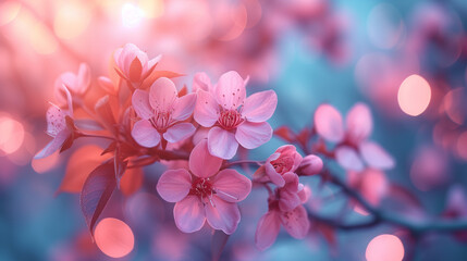 pink flowers in spring,close up of pink flower cherry blossom tree with warm soft sun light