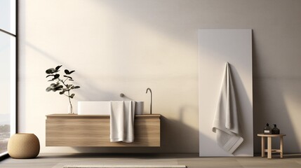 A sleek, minimalist podium, draped with a plush towel, stands against the soft-focus backdrop of a modern, airy bathroom setting.