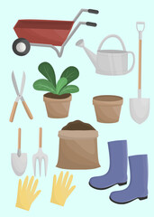 gardening tools and plants,  Farming or gardening equipment, tools for gardening, set of gardening elements 