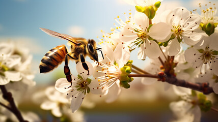 bee on spring beautiful landscape background - obrazy, fototapety, plakaty