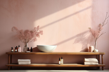 A serene bathroom scene with a wooden shelf holding skincare products, white towels, and vases with dry plants against a pink wall. Concept: spa-like home decor.