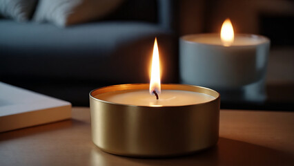 Burning scented candle on a table in a room, close-up