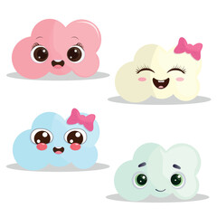 Set of cloud mascot characters on white background