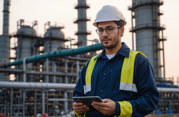 In front of an oil refinery, a professional engineer wearing hardhat utilizes a tablet for streamlined operations