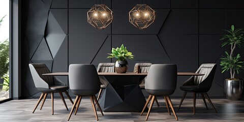 Home mockup, modern dark grey dining room interior with grey leather chairs, crystal table and decor, 3d render 