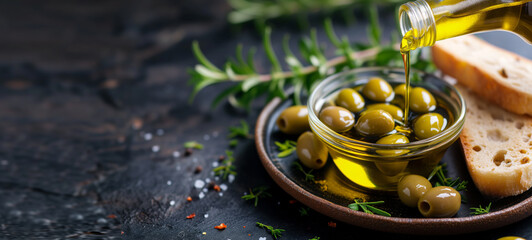 Pouring olive oil on green olives - 727705989