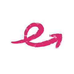Fototapeta premium Arrow. Textured pink arrow with a curl on a white background. The arrow drawn in lipstick points to the left.