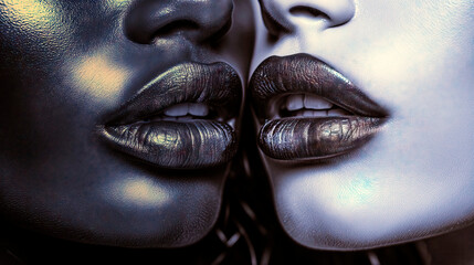 Close-up of Lips of a Black and a White Woman, Approaching as if for a Kiss