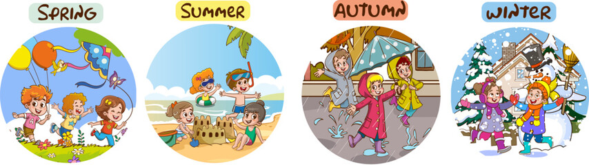 Obraz na płótnie Canvas Vector illustration of Four Seasons With Cartoon Kid