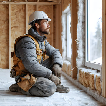 A man checking the efficiency of his home's insulation isolated on white background, hyperrealism, png
