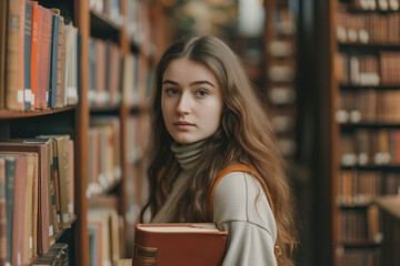 Portrait of a young smart woman holding books in a university library
