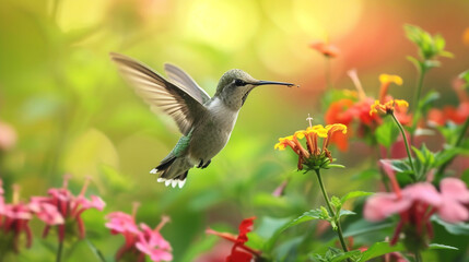 close up of Hummingbird in Flight Collecting Nectar