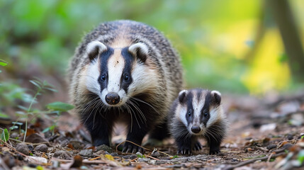 European Badger with cub walking through the woodland.