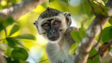 vervet monkey perched in a tree in wild