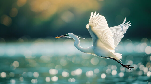 Great White egret in flight over water