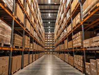 Tall racks stretching into the distance in a large warehouse