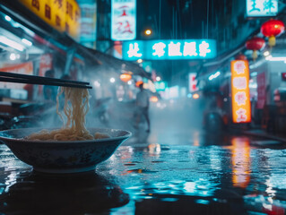 A plate of noodles against the backdrop of a night street in an Asian city