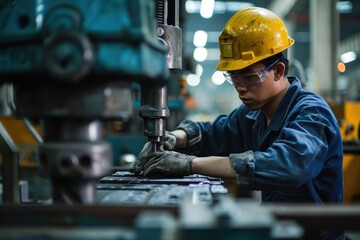 Asian male worker in factory at factory machinery during the daytime - Powered by Adobe