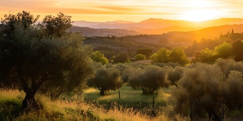 Tranquil sunset over olive grove, warm nature landscape. peaceful countryside scenery, perfect for wall art and calendars. AI