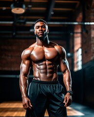 Fototapeta na wymiar Well-built dark-skinned man with pronounced muscles stands confidently in the gym, showing his best physical condition.