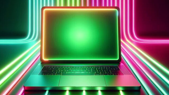 Laptop with screen background with glowing neon stripes.