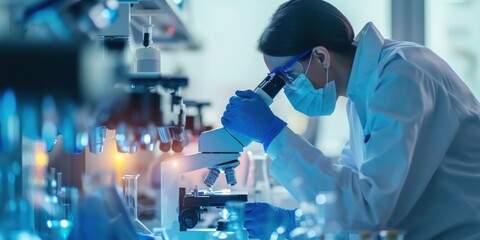 Scientists are conducting research experiments in biotechnology, human biology and pharmaceutical technology on a laboratory background. Science