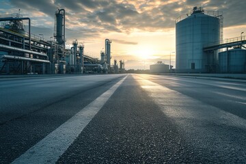 Wide angle front view of the factory, asphalt road surface, factory - obrazy, fototapety, plakaty
