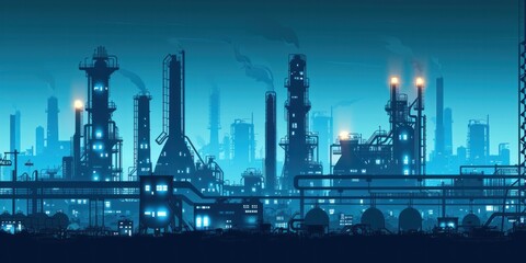 Fototapeta na wymiar Vector illustration. Silhouettes of industrial plants. Blue oil refinery with pipes and gas production tanks