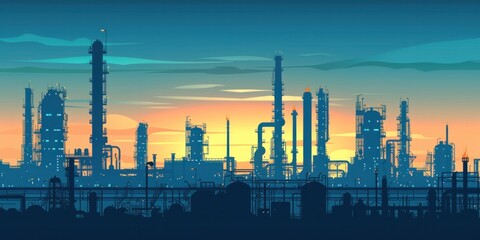 Vector illustration. Silhouettes of industrial plants. Blue oil refinery with pipes and gas production tanks