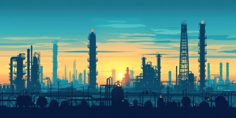 Fototapeta na wymiar Vector illustration. Silhouettes of industrial plants. Blue oil refinery with pipes and gas production tanks