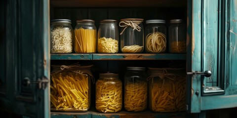 Cozy pantry shelves with glass jars of pasta. home organization and storage solutions. rustic kitchen interior design. AI