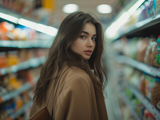 Portrait of a woman surrounded by supermarket shelves