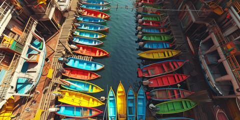 View from above of a dock surrounded by many colorful boats on a clear beautiful sea water. 
