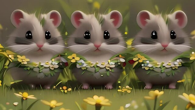Hamster on flowers meadow. Generative AI