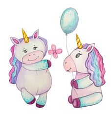 Hand drawn unicorns , watercolor illustration