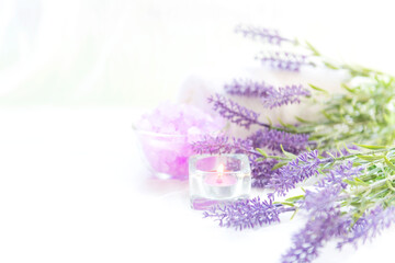 Spa beauty massage health wellness background.  Spa Thai therapy treatment aromatherapy for body woman with purple flower nature candle for relax and summer time. Copy space and banner