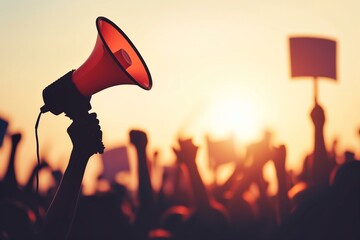 Political communication raised hand with megaphone over sunset - obrazy, fototapety, plakaty