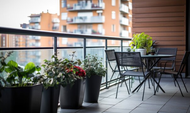 Spacious balcony of an apartment with flowers in pots.