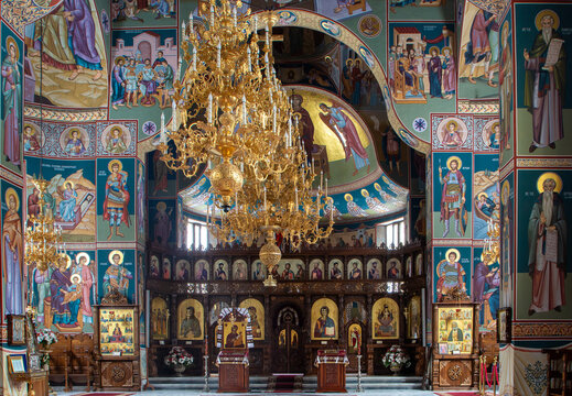 The interior of an Orthodox church. Inside Sihastria Putnei monastery, Suceava county - Romania 