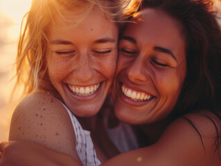 Two women friends in a tight hug