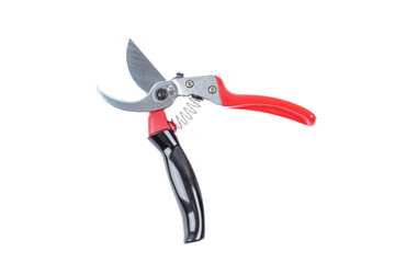 Steel gardening secateurs, scissors tool with red and black grip for pruned of plants and flowers garden work, isolated on white background. Open state. Top view.